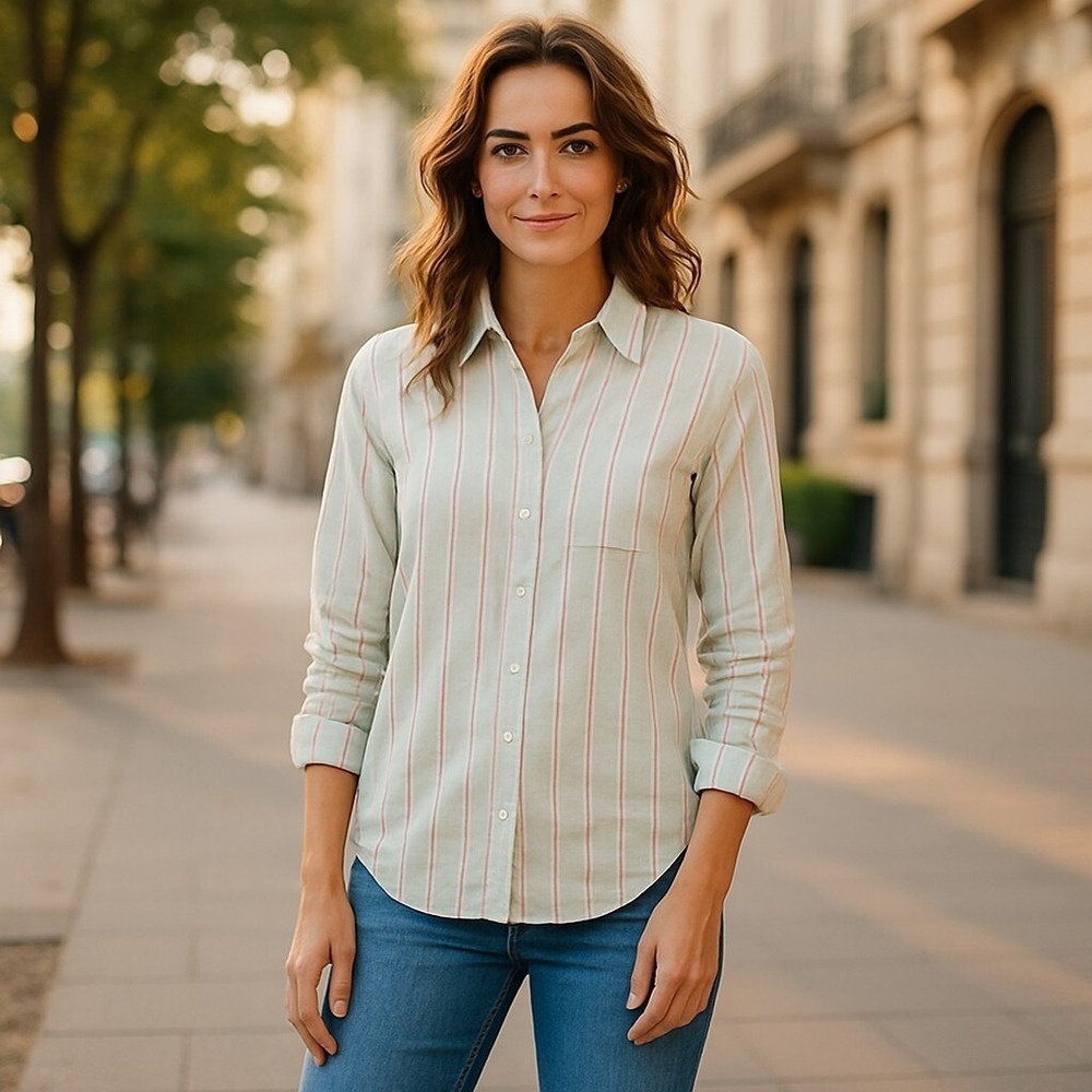 Lilla P Women's XS Striped Long Sleeve Button-Up Shirt Green Coral 100% Cotton
